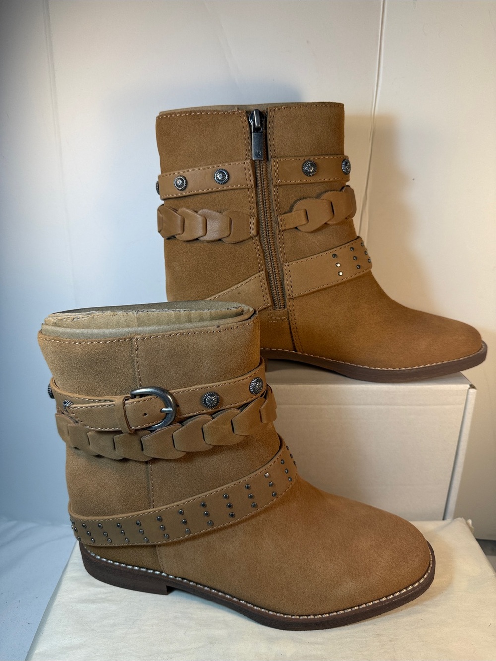Lucky Brand Tan Braided Strap Ankle Boots with Stud Accents